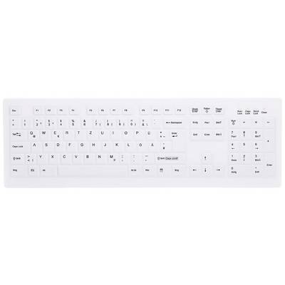 Clavier d'ordinateur blanc avec disposition QWERTZ, touches de fonction en haut, pavé numérique à droite.