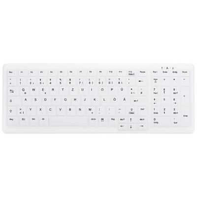 Clavier d'ordinateur blanc avec disposition allemande QWERTZ, touches de fonction (F1-F12) en haut, pavé numérique à droite et touches fléchées en bas.
