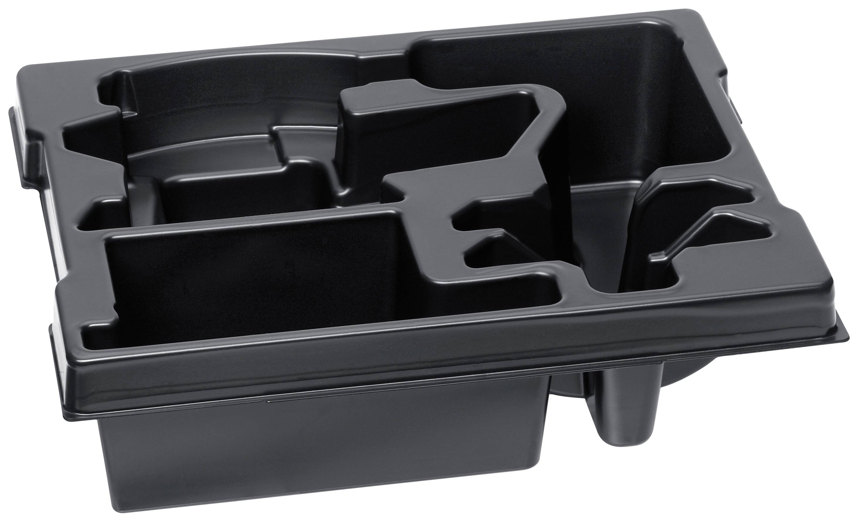 Insert en plastique noir avec plusieurs compartiments de formes différentes pour l'organisation ou le rangement de petits objets.