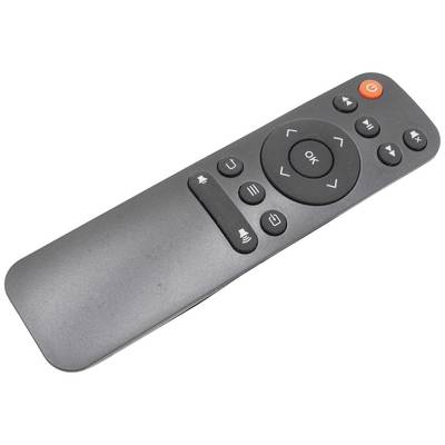 Une télécommande noire avec des touches pour OK, le volume, le changement de chaîne et Marche/Arrêt.