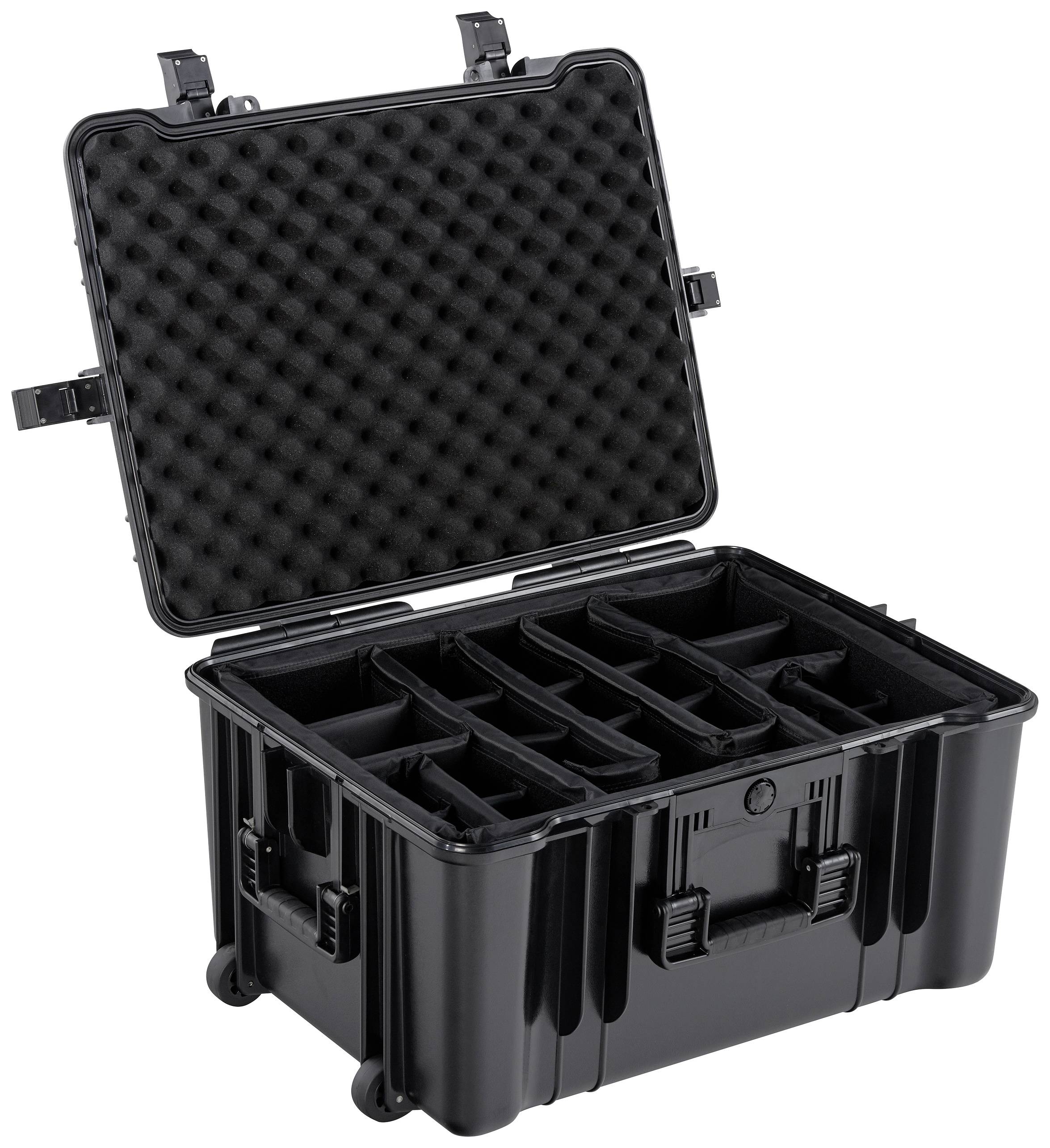 Valise de transport noire, robuste, avec couvercle ouvert et rembourrage en mousse. Plusieurs compartiments pour le rangement et l'organisation.
