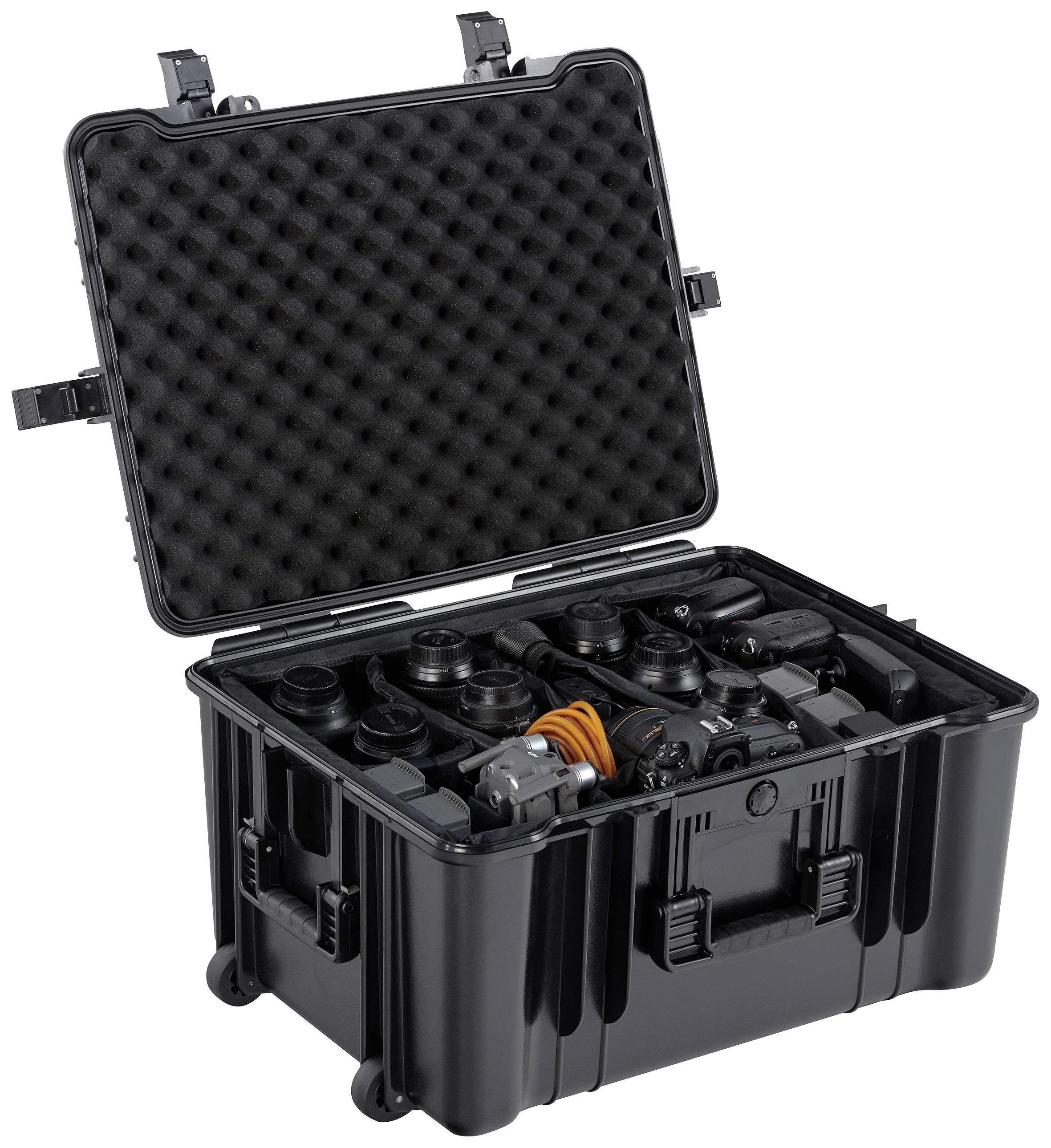 Valise rigide noire ouverte avec intérieur en mousse, remplie de divers objectifs photographiques et accessoires.
