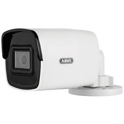 Une caméra de surveillance blanche avec le logo 'ABUS'. Elle est fixée sur un support et destinée à la surveillance de sécurité.