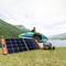 Une personne soulève un kayak au bord d'un lac. Au premier plan, des panneaux solaires et un dispositif de batterie portable sont posés sur l'herbe.