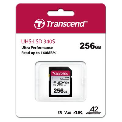 Emballage d'une carte SD Transcend de 256 Go UHS-I avec l'inscription « Ultra Performance, Lecture jusqu'à 160 Mo/s ».