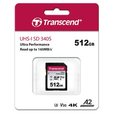 Une carte mémoire Transcend UHS-I SD 340S de 512 Go, offrant des vitesses allant jusqu'à 160 Mo/s, adaptée aux performances 4K et A2.