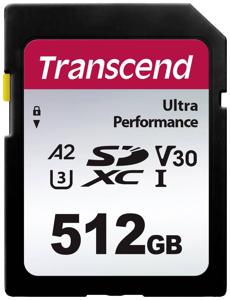 Carte SD Transcend Ultra Performance de 512 Go, compatible avec les normes A2, U3, V30 et XC I. L'illustration montre la carte avec ses logos.