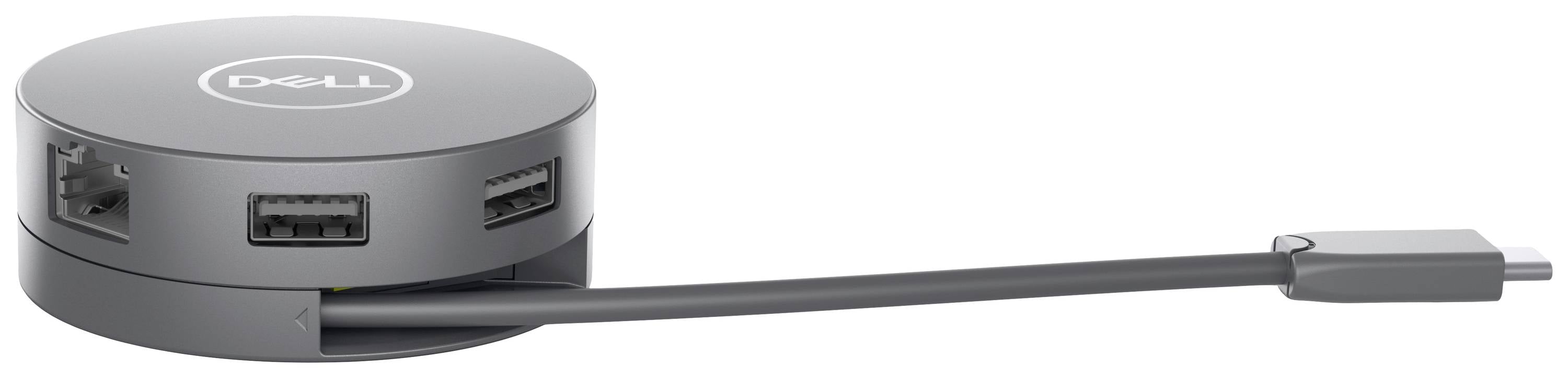 Un hub USB-C rond de Dell avec plusieurs ports, comprenant Ethernet et USB-A. Idéal pour une connectivité étendue sur les appareils.