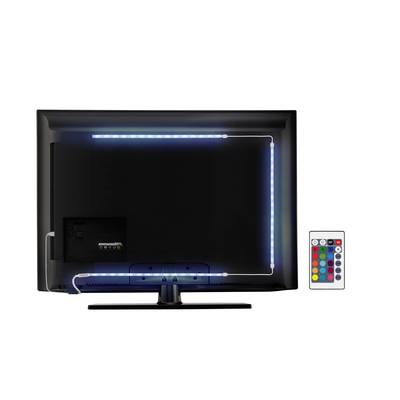 Rétroéclairage à l'arrière d'un téléviseur avec télécommande pour le contrôle des couleurs.