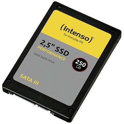 Un disque SSD Intenso de 250 Go, étiquette jaune. Texte : « SSD Performances 2,5", Disque Dur Solide, SATA III ».