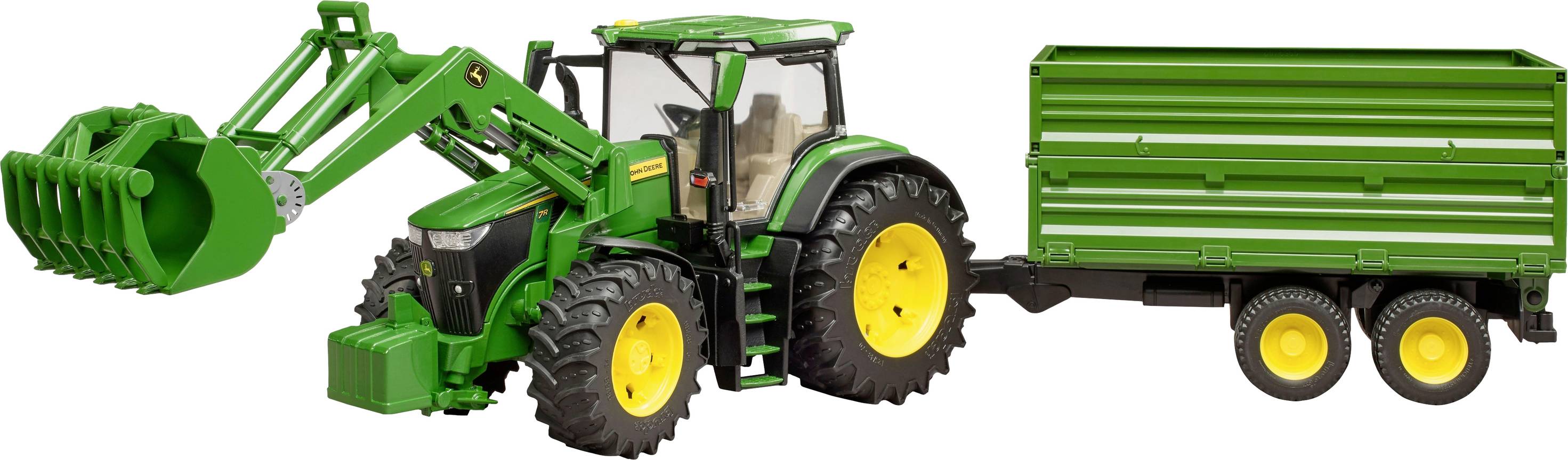 Tracteur vert avec chargeur frontal et remorque dans un champ vert. Véhicule agricole en action, adapté pour le transport et les travaux de récolte.