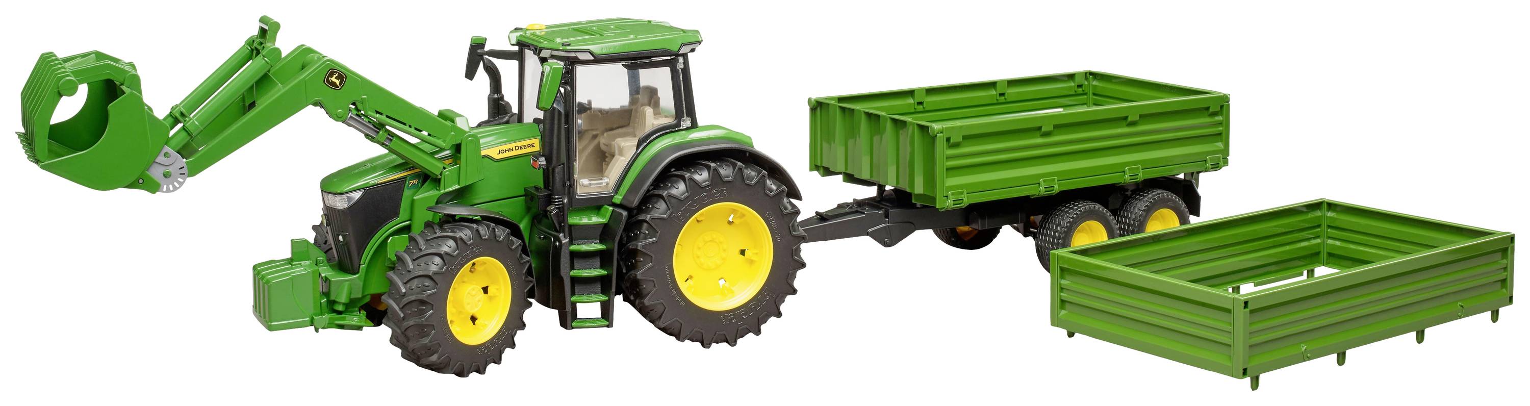 Tracteur jouet en vert avec roue jaune, remorque et panier amovible. Modèle pour jeu agricole.