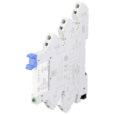 Module relais avec bouton de déverrouillage bleu, couvercle en plastique blanc, marqué sur le côté, contacts visibles, pour montage sur rail DIN.