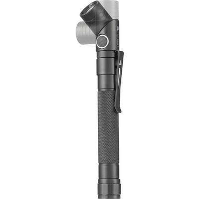 Lampe de poche noir et argent avec tête rotative et clip.