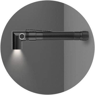Lampe de poche en forme de L, projetant de la lumière vers le bas. Boîtier noir avec poignée striée sur un fond gris.
