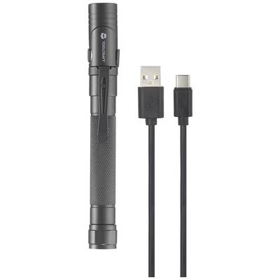 Lampe de poche avec câble de charge USB-C, couleur noire, clip latéral. Inscription sur la lampe de poche : Toolcraft.