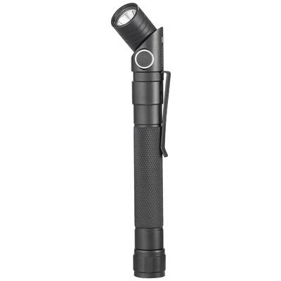 Une lampe torche noire avec une tête coudée et un clip, debout.