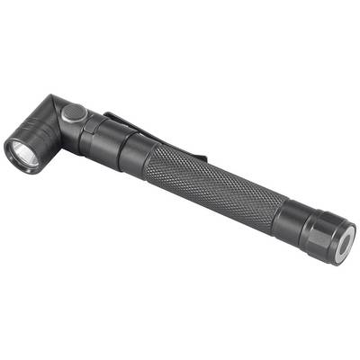 Lampe torche noire portable à angle droit, avec poignée texturée et interrupteur à bouton, adaptée aux aventures en plein air ou aux situations d'urgence.