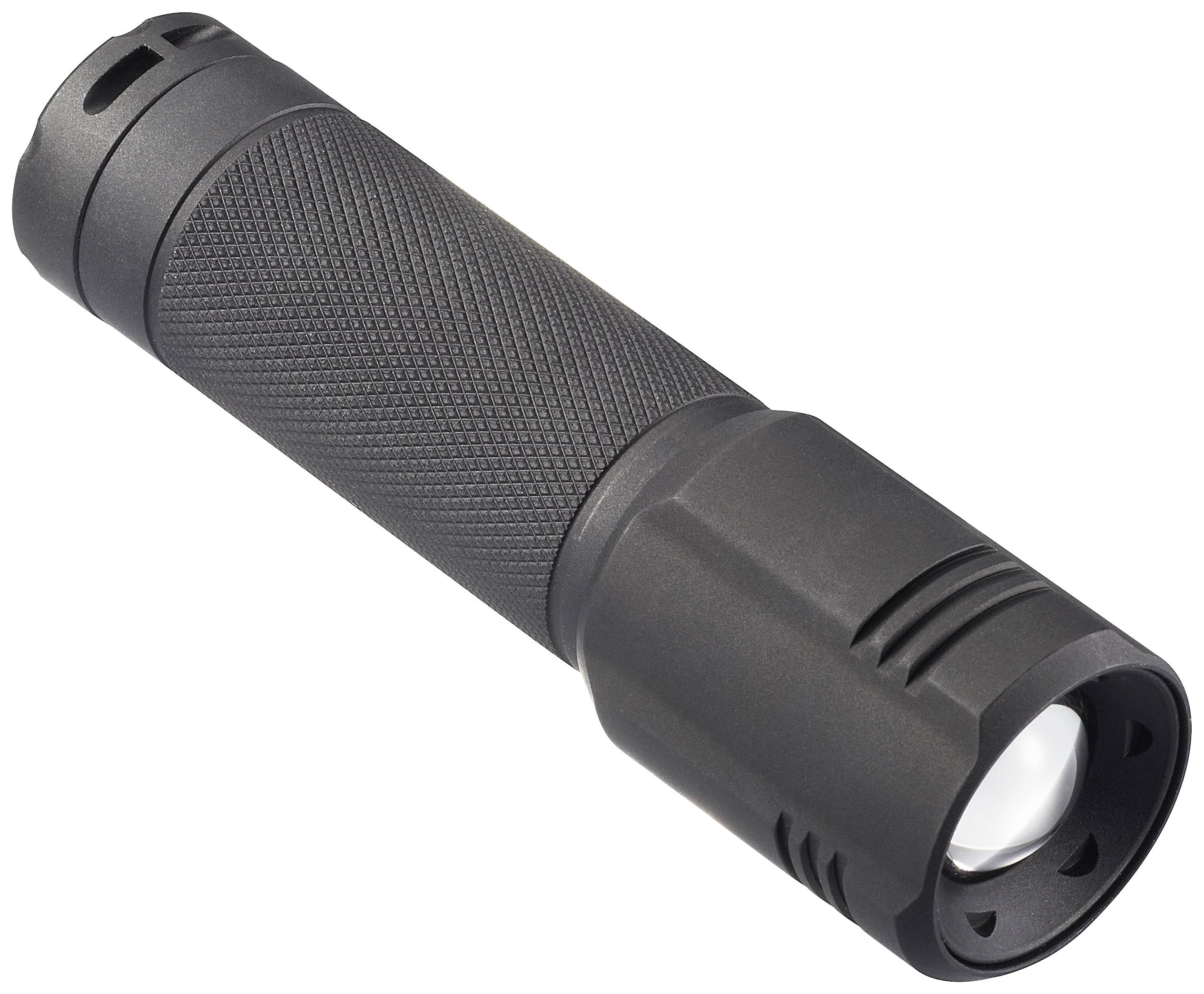 Une lampe de poche noire et cylindrique, avec une surface texturée sur la poignée, est posée en biais. Elle possède une lentille à l'avant.