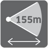 Affichage d'un réfrigérateur intelligent qui scanne une zone de proximité de 155 m. Une flèche indique la possibilité d'ajuster la portée.