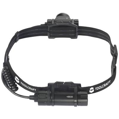Lampe frontale LED noire avec bandeau ajustable, adaptée aux activités de plein air, portant le logo Toolcraft sur le côté.