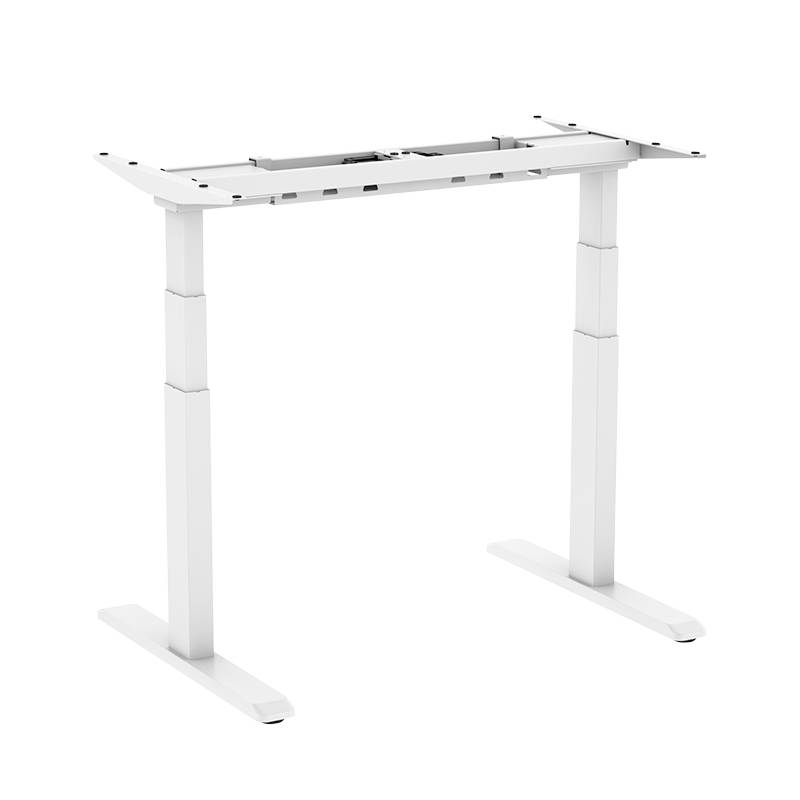 Socle de table blanc réglable en hauteur, sans plateau, adapté aux postes de travail ergonomiques.