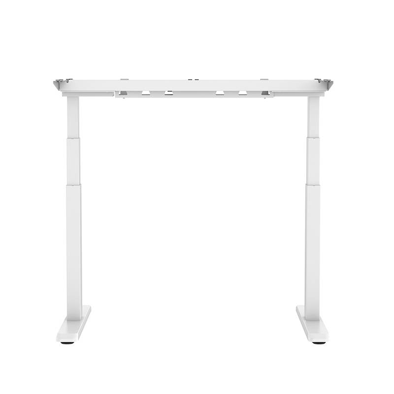 Bâti de bureau réglable en hauteur en métal blanc, sans plateau. Adapté pour un travail ergonomique en position debout et assise.