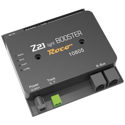 Booster lumineux Z21 de Roco, Modèle 10805, avec indicateurs de statut, connexions réseau et bus. Compatible avec une alimentation électrique de 12-24V.