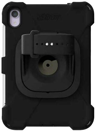 Une coque robuste pour tablette en noir, dotée d'un support rotatif à l'arrière, offrant protection et polyvalence d'utilisation.