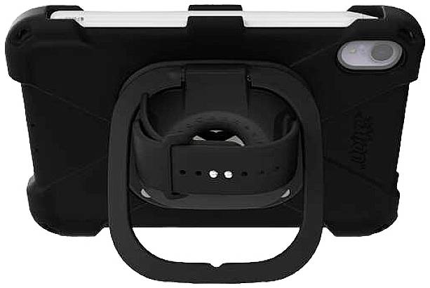 Étui noir pour tablette avec poignée et support de protection ; conçu pour améliorer la portabilité et l'utilisation en mode paysage.