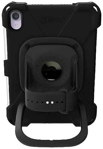 Appareil portable dans un étui de protection noir avec support circulaire à l'arrière, soutenu par un pied rabattable.