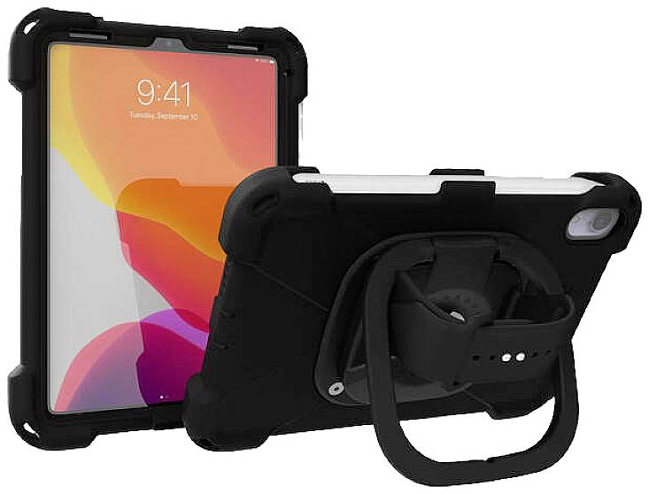 Une tablette dans un étui noir robuste avec support. L'écran affiche une heure. Vue arrière avec une poignée réglable.