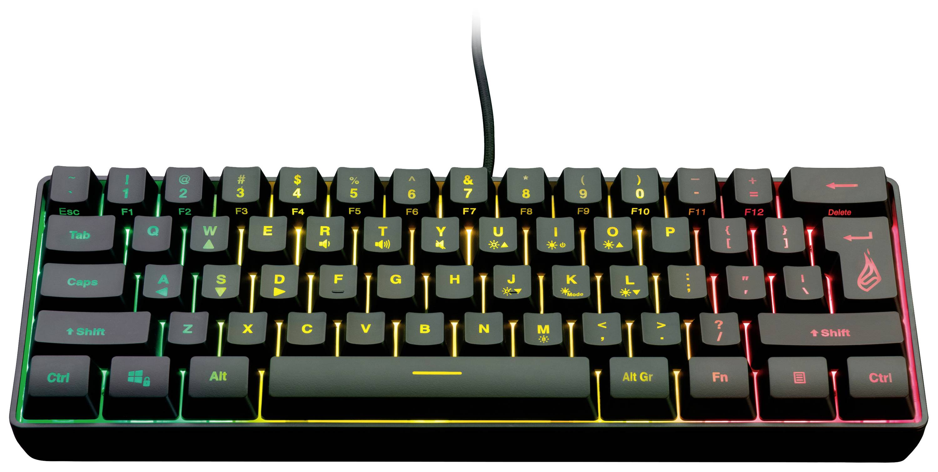 Un clavier compact avec des rétroéclairages RGB colorés. Les touches sont illuminées dans plusieurs couleurs, allant du vert au rouge.