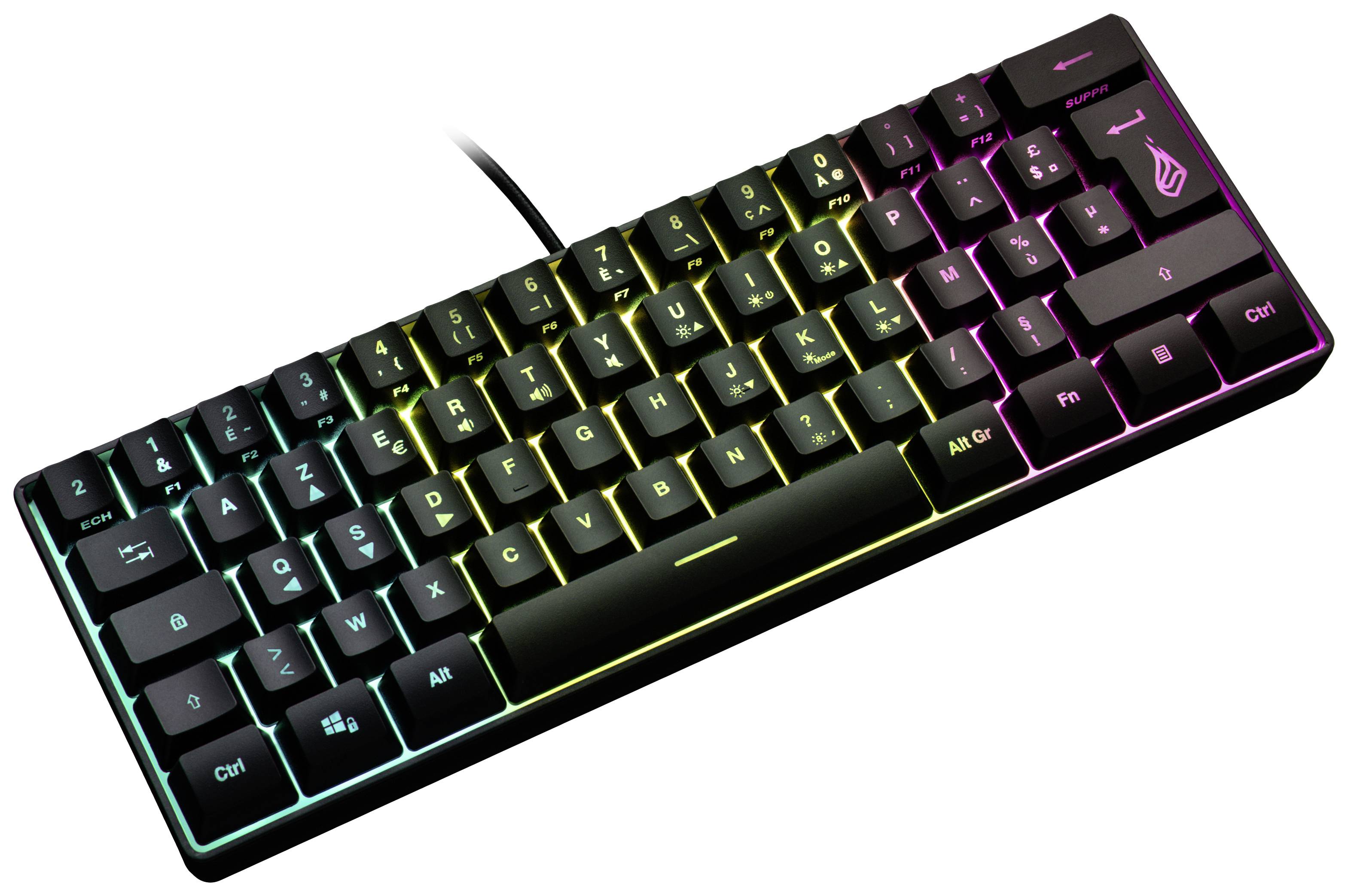 Un clavier gaming compact avec disposition QWERTZ, rétroéclairage noir et connexion filaire avec éclairage RVB.