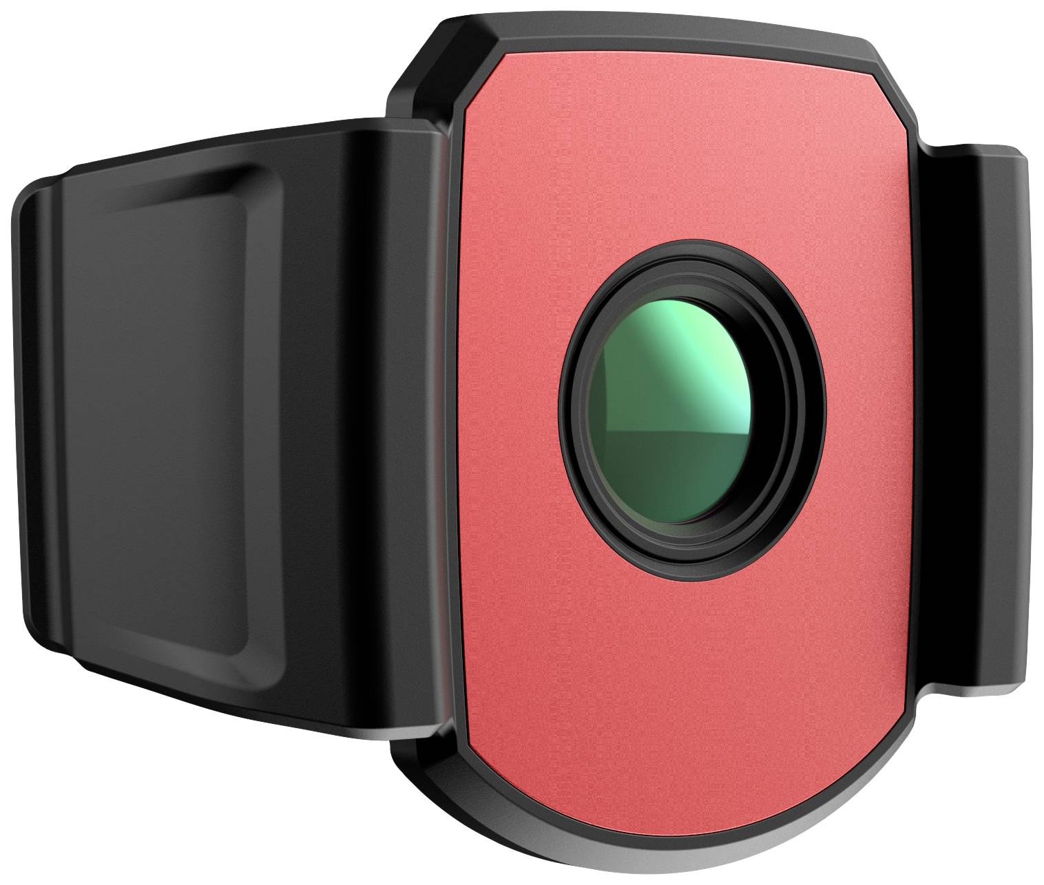 Un appareil rectangulaire rouge et noir avec un capteur central vert et rond. Probablement une caméra ou un dispositif de détection.