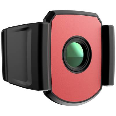 Un appareil rectangulaire rouge et noir avec un capteur central vert et rond. Probablement une caméra ou un dispositif de détection.