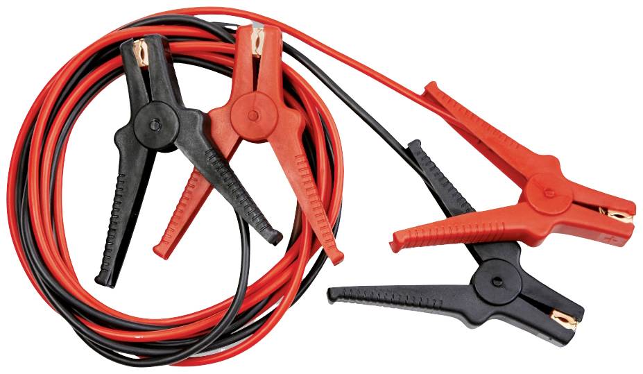 Câble de démarrage rouge et noir avec pinces pour connecter des batteries de voiture. Ils sont enroulés avec leurs extrémités de connexion ouvertes.