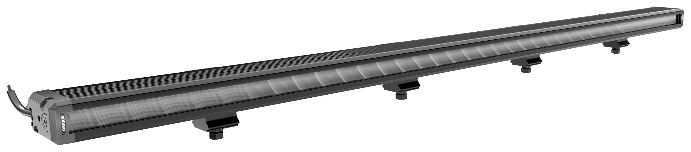 Longue barre lumineuse LED noire avec plusieurs supports de montage garantissant un éclairage uniforme.