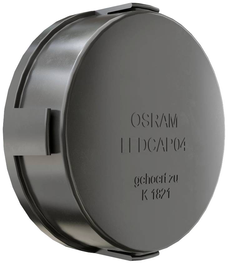 Un couvercle rond en plastique noir portant l'inscription 'OSRAM LEDCAP 04' et 'étalonné à K 18 1'.