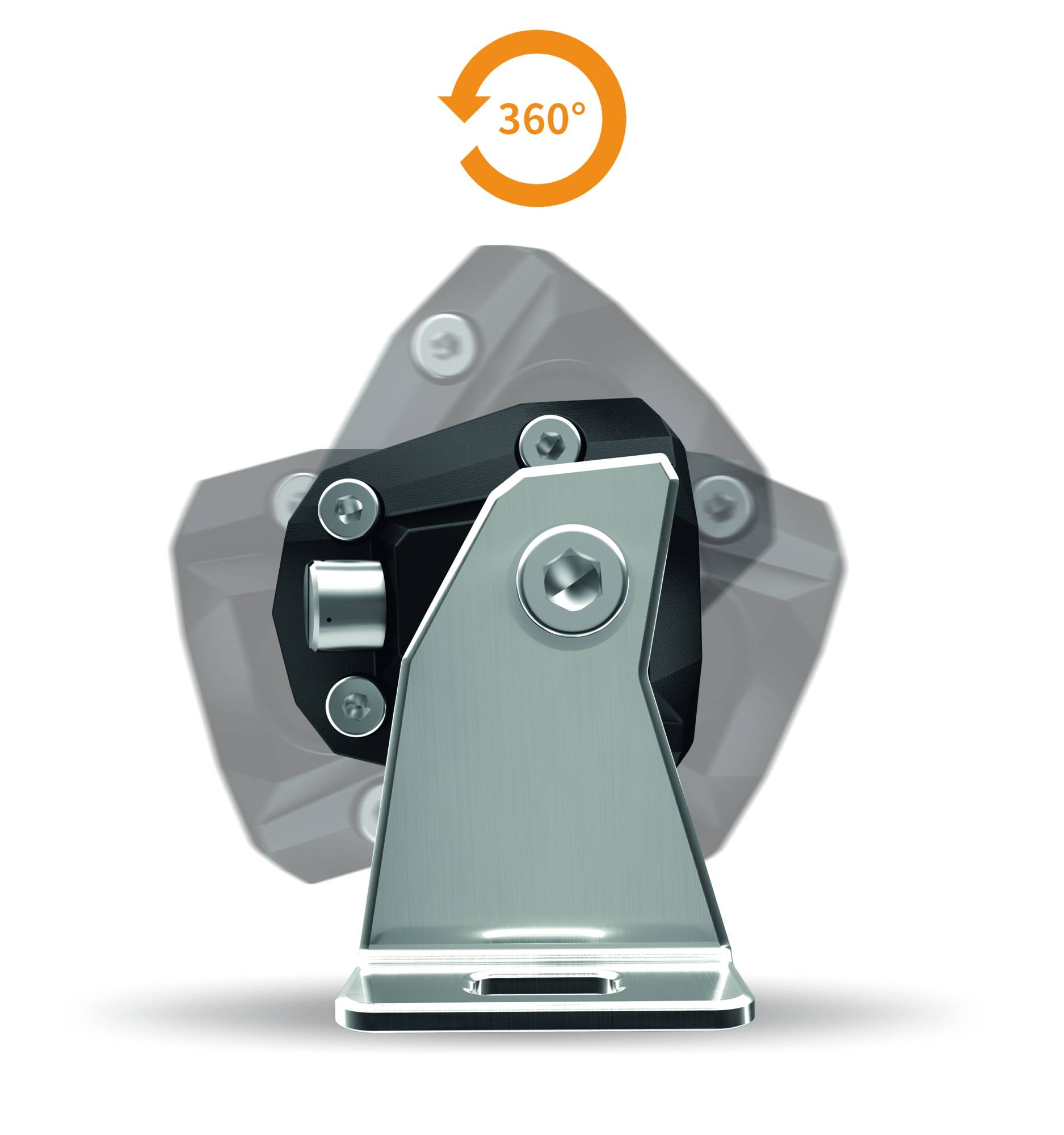 Mécanisme de pivotement mécanique avec flèche indiquant une rotation de 360 degrés.