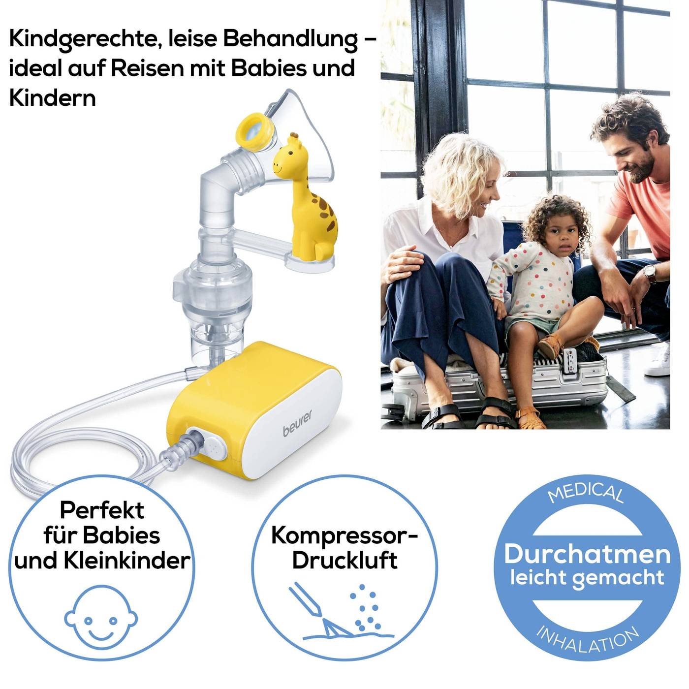 'Nébuliseur pour enfants : Comprend un compresseur jaune en forme de girafe. Idéal pour les voyages, adapté aux bébés et aux jeunes enfants.'