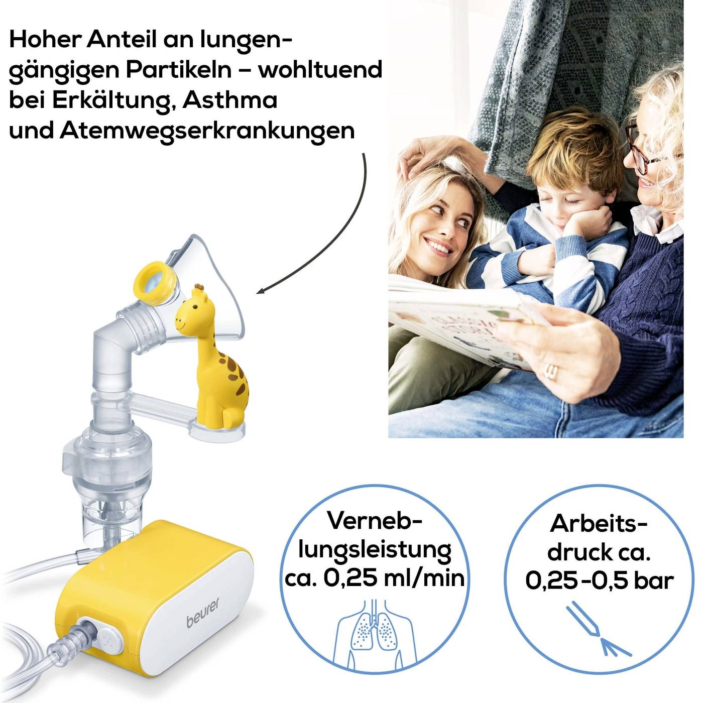 Inhalateur au design adapté aux enfants avec un embout ludique en forme de girafe. Idéal pour l'asthme et les maladies respiratoires.