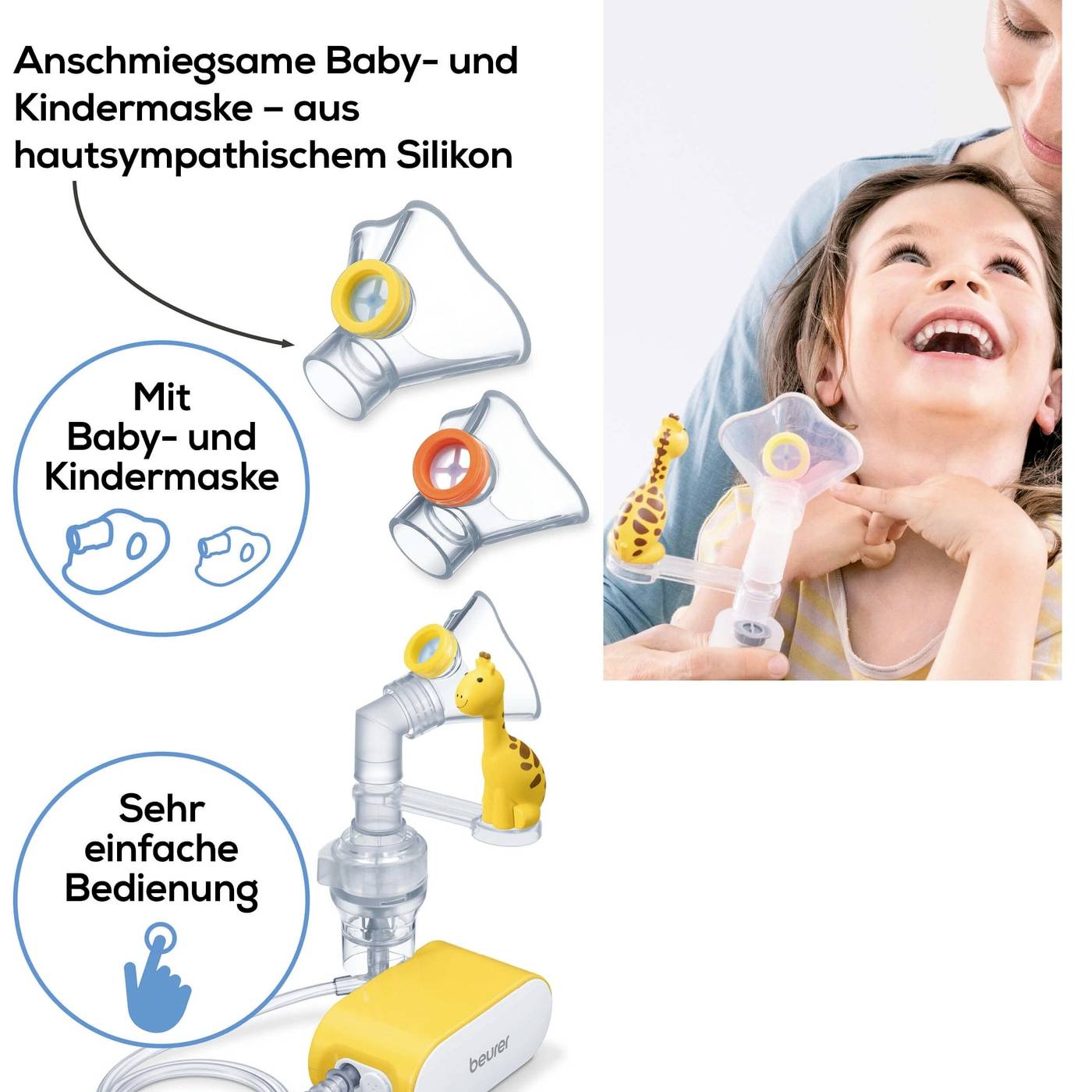 Un enfant sourit tout en portant un masque d'inhalation. À côté sont présentés des masques pour bébés et enfants ainsi qu'un appareil d'inhalation.
