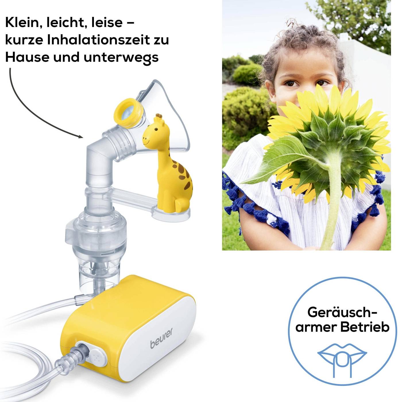 Dans le collage : Un appareil d'inhalation jaune et blanc pour enfants avec une figurine de girafe, à côté une petite fille avec un tournesol.