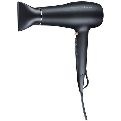 Sèche-cheveux noir au design élancé. On y distingue la buse principale, la poignée avec ses touches et le câble branché.