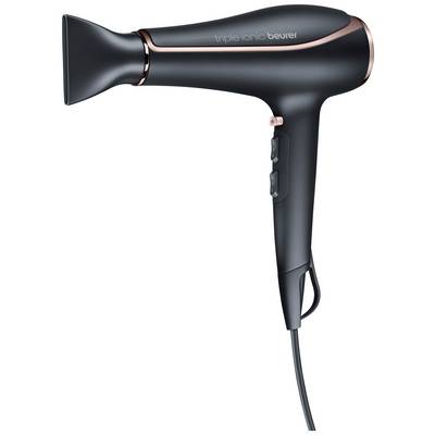 Sèche-cheveux noir et or avec buse étroite. Nom de marque 'triple ionic beurer' sur le côté.