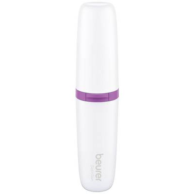 Un appareil blanc et cylindrique, portant un ruban mauve au centre, marqué 'beurer SoftSkin', probablement un instrument de soin.