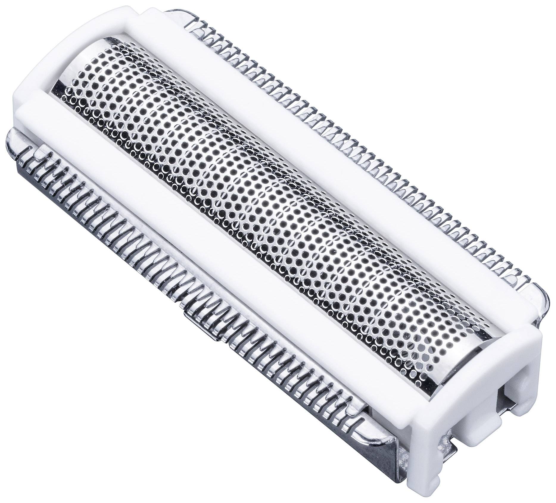 Lame de rechange pour un rasoir électrique avec un cadre blanc et une grille métallique fine recouvrant les lames de coupe.