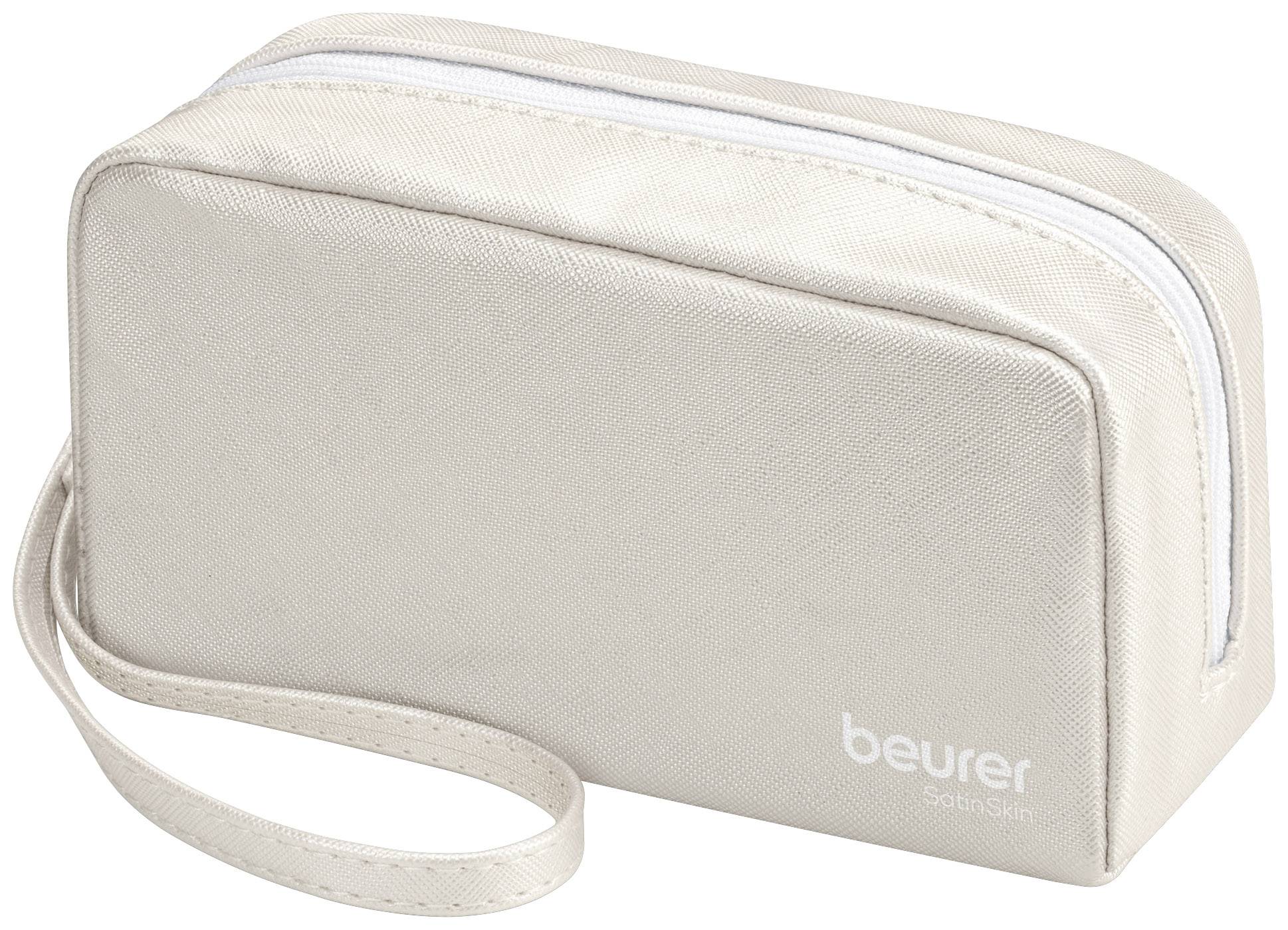 Trousse de toilette beige avec fermeture éclair et bandoulière. Marquée du logo 'beurer' et de 'SensorSkin'.