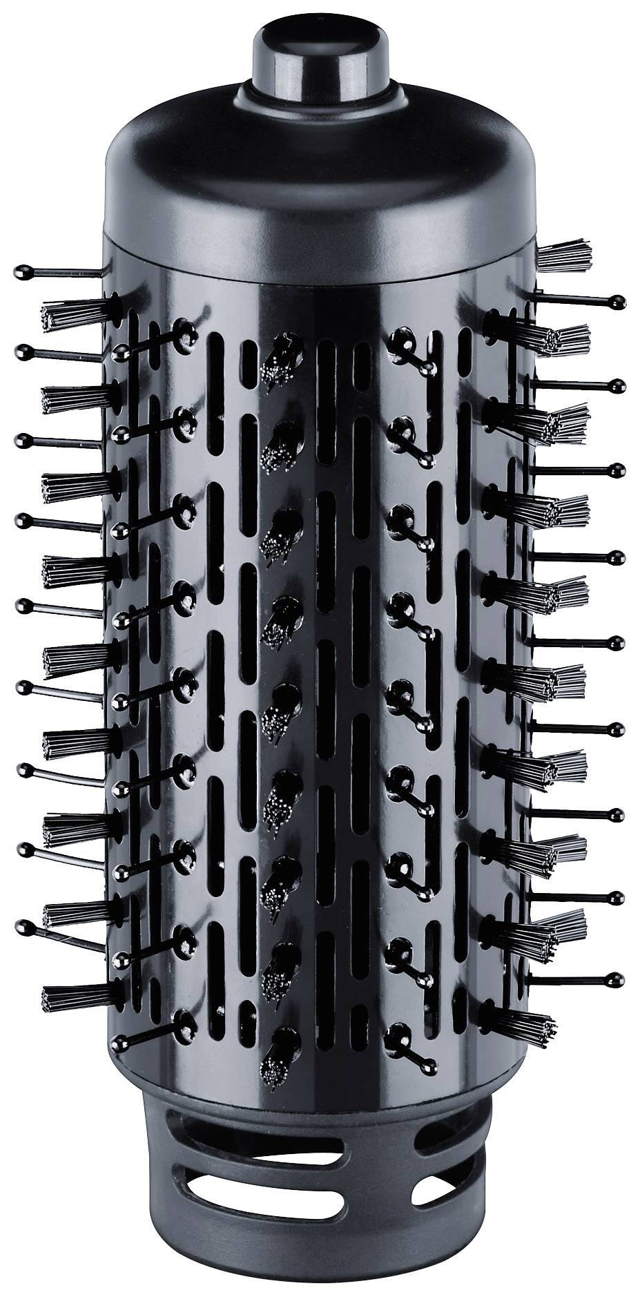 Brosse de coiffage ronde noire avec rangées de poils pour sèche-cheveux, adaptée au styling volumisant et au lissage des cheveux.